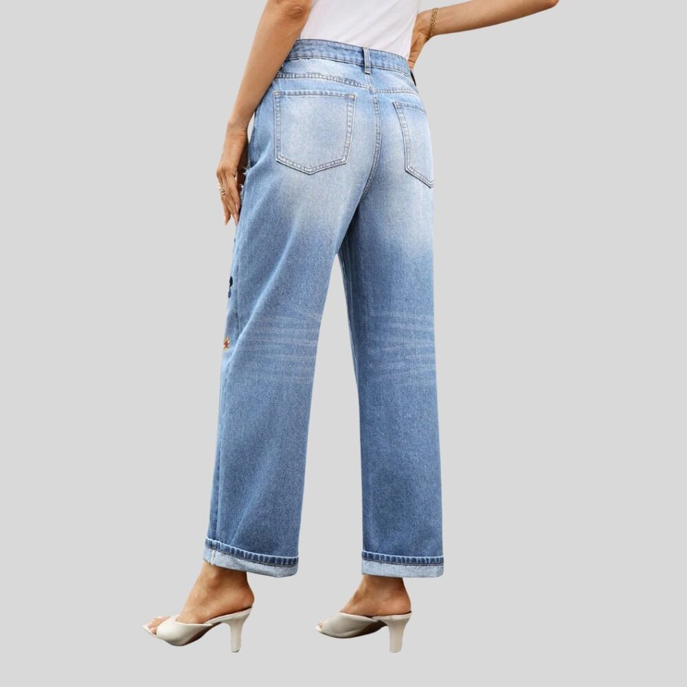 LAST ONE 🔥 Distressed Embroidered High Waist Mom Ankle Jeans Blue - Picture 2 of 9